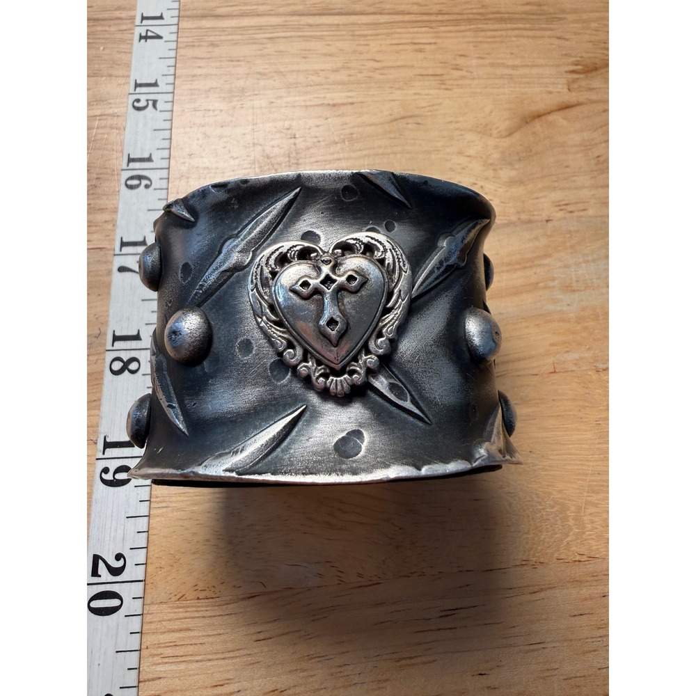Gothic Silver Pewter Leather Cuff Heart Cross Bracelet Vintage Gothic